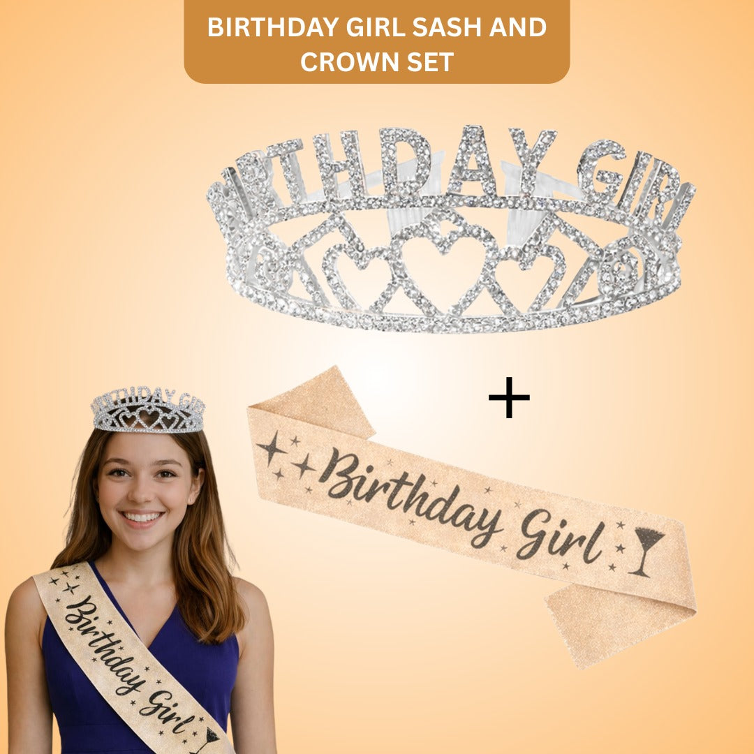 Birthday Girl Sash And Birthday Girl Crown - Pack of 2 Pcs  Silver Birthday Sash for Girls | Birthday Crowns for Girls