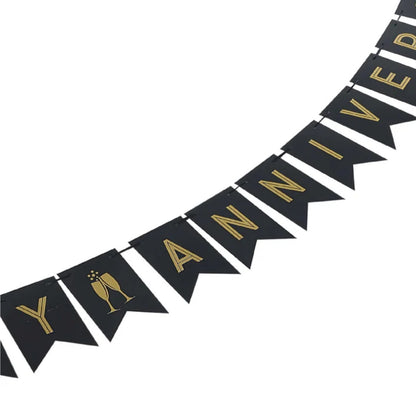 Happy Anniversary Black & Golden Triangular Bunting Banner - 9FT - 16PC