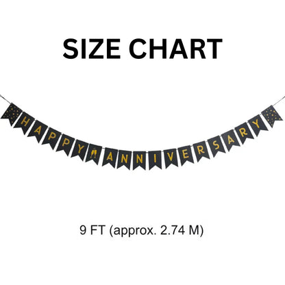 Happy Anniversary Black & Golden Triangular Bunting Banner - 9FT - 16PC