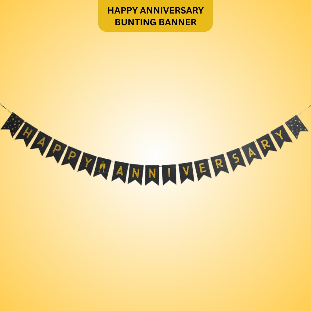 Happy Anniversary Black & Golden Triangular Bunting Banner - 9FT - 16PC