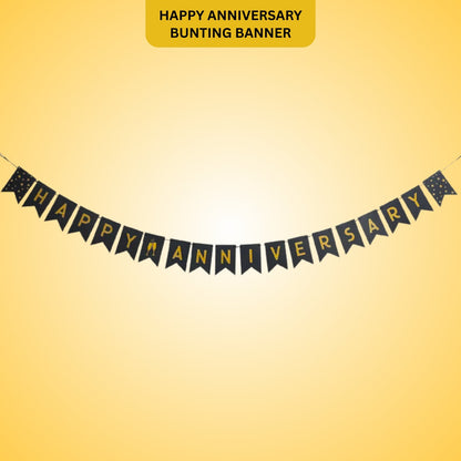Happy Anniversary Black & Golden Triangular Bunting Banner - 9FT - 16PC