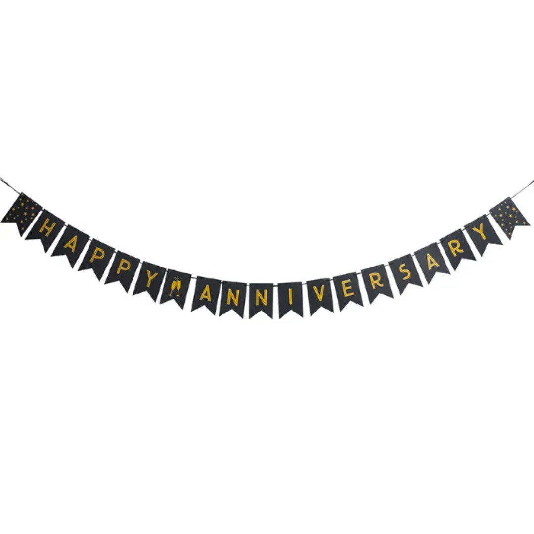 Happy Anniversary Black & Golden Triangular Bunting Banner - 9FT - 16PC