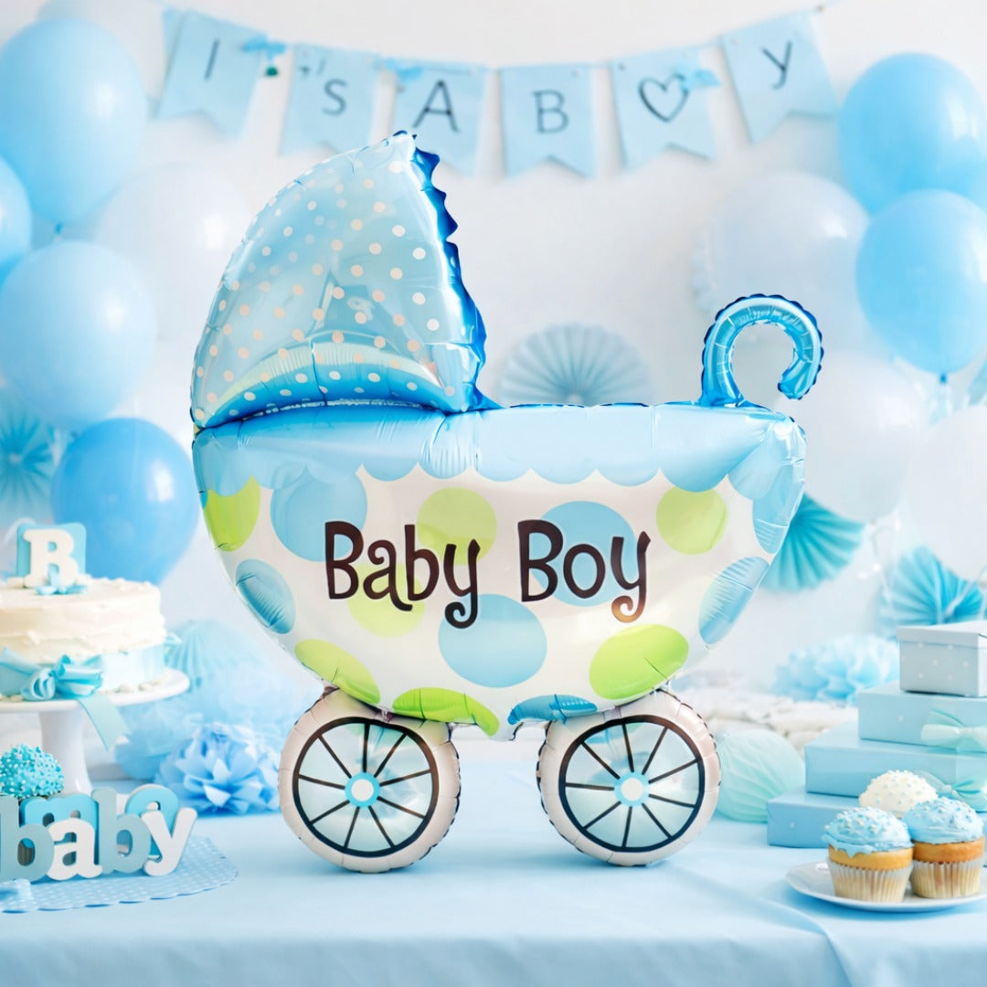 Welcome Baby Boy Pram Shape Foil Balloon on Stick - Air Filled - 1PC