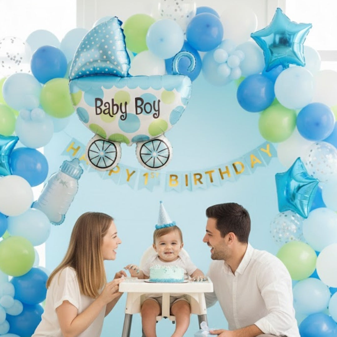 Welcome Baby Boy Pram Shape Foil Balloon on Stick - Air Filled - 1PC