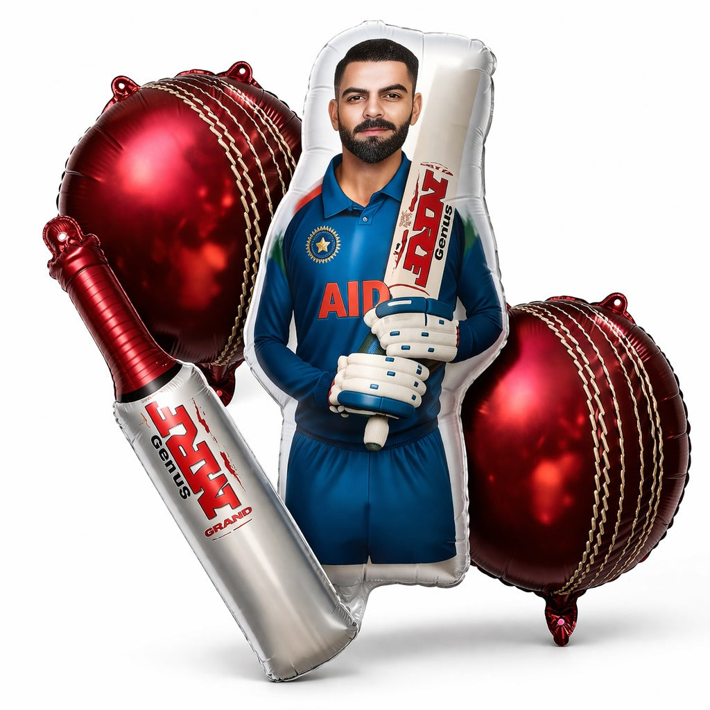 Cricket Bat & Ball Foil Balloon Set of 5 | Sports Theme Party Balloons | Kids Birthday Cricket Decoration Kit
