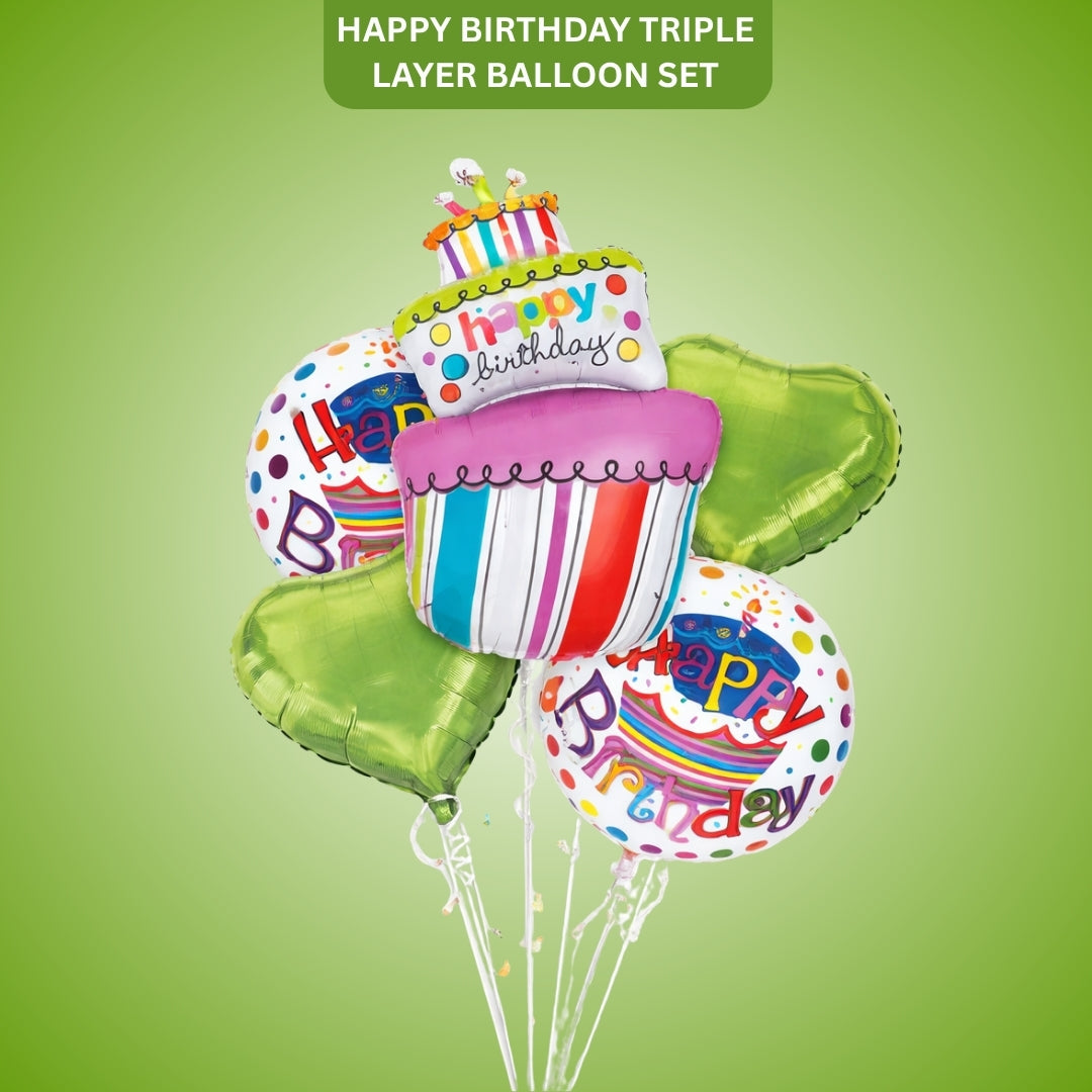 Happy Birthday Triple Layer Cake Helium Filled Balloon Bouquet Set of 5
