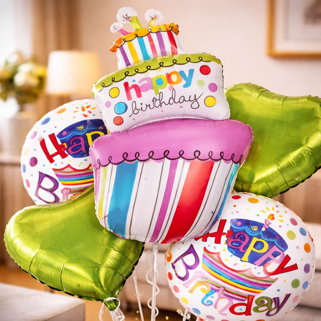 Happy Birthday Triple Layer Cake Helium Filled Balloon Bouquet Set of 5