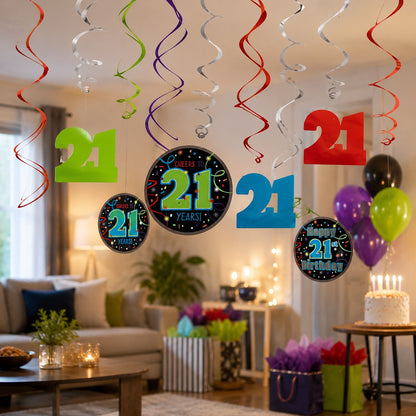 21st Birthday Hanging Swirl Decorations - 12Pc