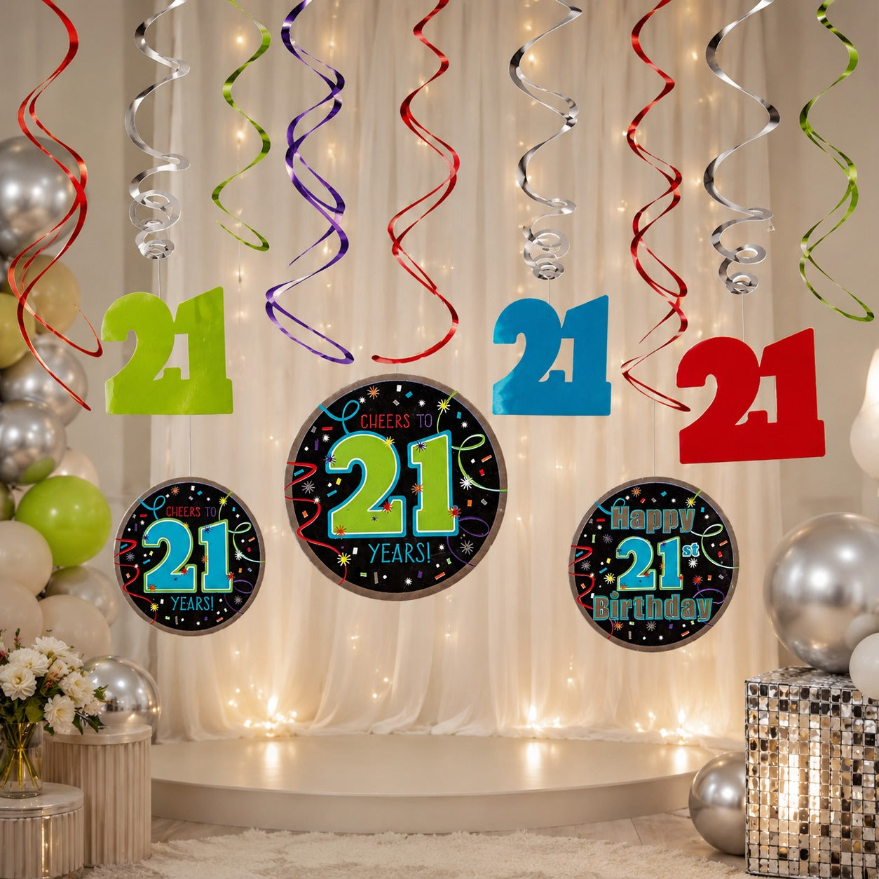 21st Birthday Hanging Swirl Decorations - 12Pc