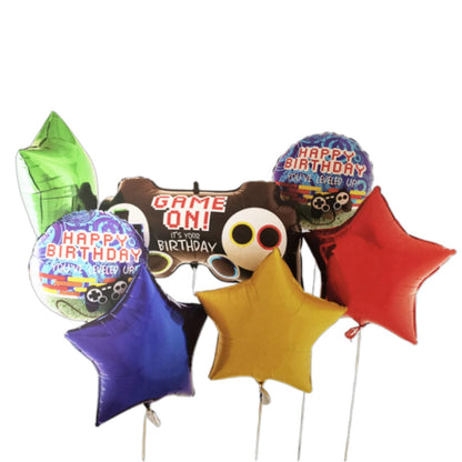 Level Up Gaming Balloon Bouquet – Set of 7 Helium Filled Balloons | Birthday Party Decor for Kids & Gamers