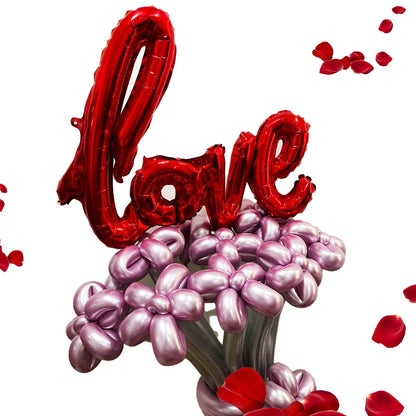 Pink Flower Balloons with Silver Sticks and Love Bouquet
