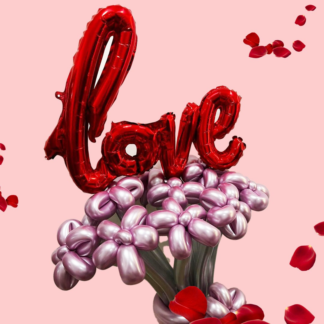 Pink Flower Balloons with Silver Sticks and Love Bouquet