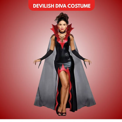 Devilish Diva Black & Red Stretchable Costume w/Cape, Gloves and Neck Choker