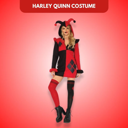 Super Villain Harley Quinn Comic Red & Black Women Costume with Hood