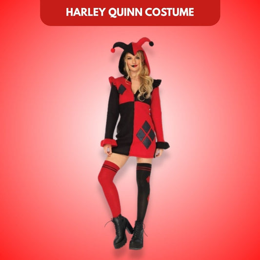 Super Villain Harley Quinn Comic Red & Black Women Costume with Hood