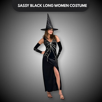 Sassy Black Long Women Costume w/ Spider Web Print & Witch Hat for Halloween/ Theme Party - 1PC