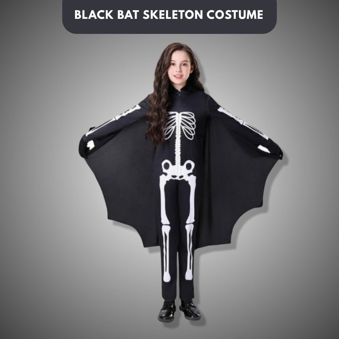 Black Bat Skeleton Jumpsuit Costume w/ Wings for Kids
