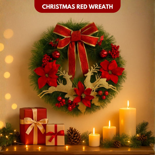 Christmas Wreath Red w/Reindeer, Cherries, Bells & Bows 18"