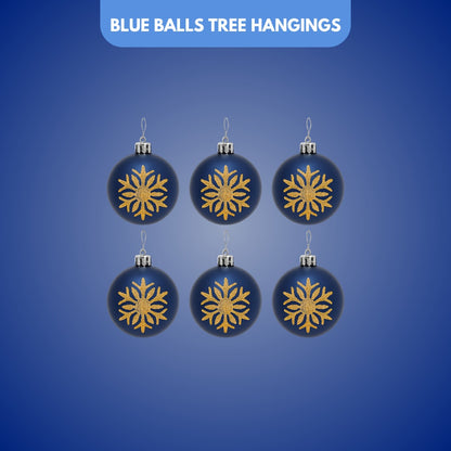 Christmas Blue Balls for Tree Ornaments with Golden Glitter - 6PC