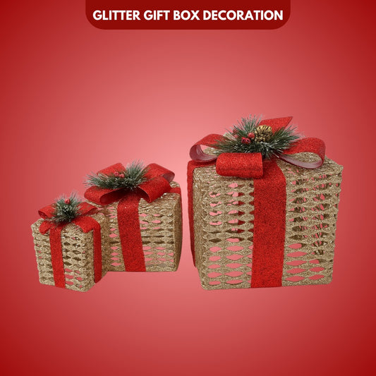 Glitter Wired Boxes with Red Bow for Christmas Decoration - Set of 3