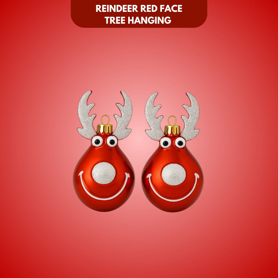 Christmas Reindeer Face Red  with Snow Nose Tip and Horns - Set of 2