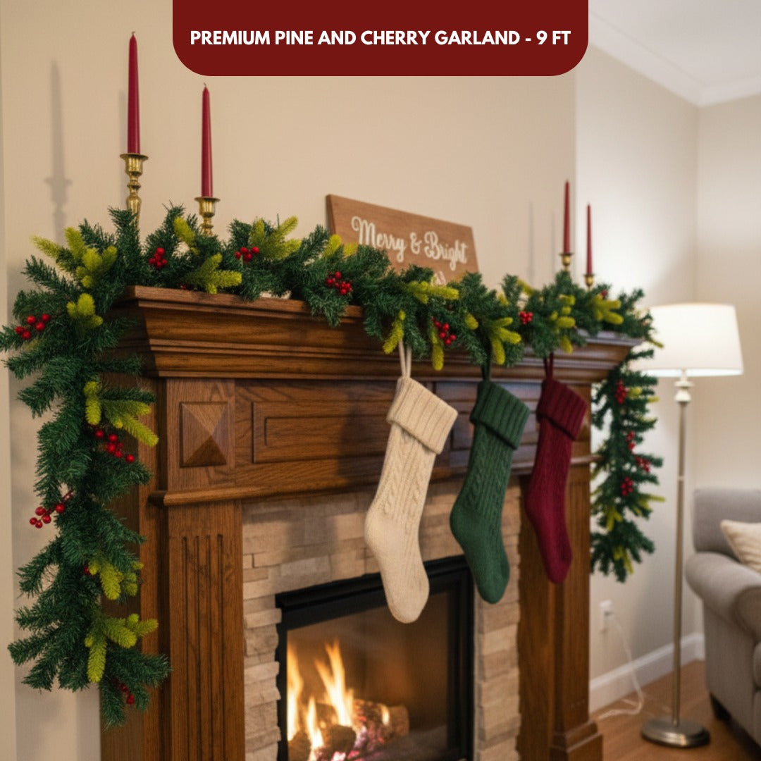 Christmas Thick Garland with Pine and Grass Finish and Cherries - 9FT