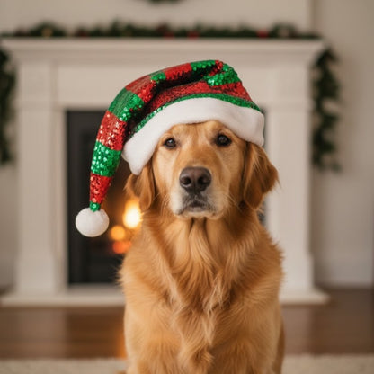 Santa Sequin Hat with Plush Puff Ball and Plush White Border