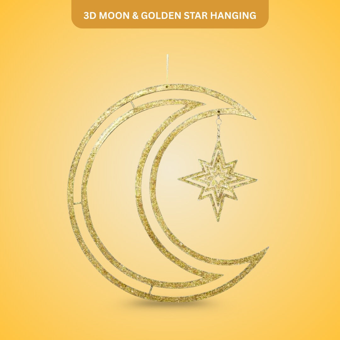 3D Moon & Star Hanging Decoration Golden- 1PC