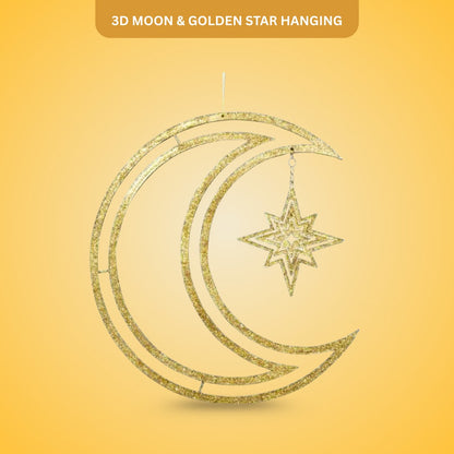 3D Moon & Star Hanging Decoration Golden- 1PC