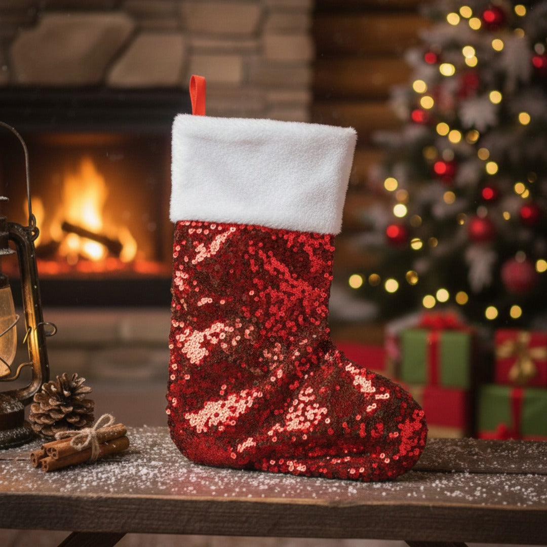 Red Sequin Stockings with Plush White Border