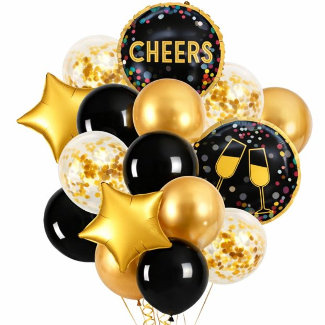 Cheers Balloon Set Pack of 16 | Black Gold Party Balloons | Birthday, New Year & Celebration Decoration Kit