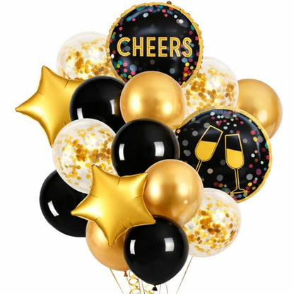 Cheers Balloon Set Pack of 16 | Black Gold Party Balloons | Birthday, New Year & Celebration Decoration Kit