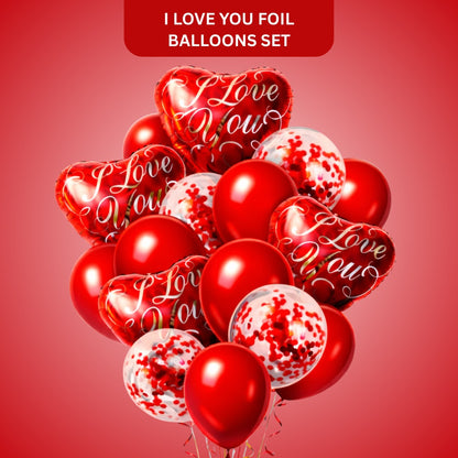 I Love You Heart Foil Balloon & Confetti Balloons Set Pack of 16 | Romantic Red Balloons | Valentine, Anniversary & Love Decoration Kit