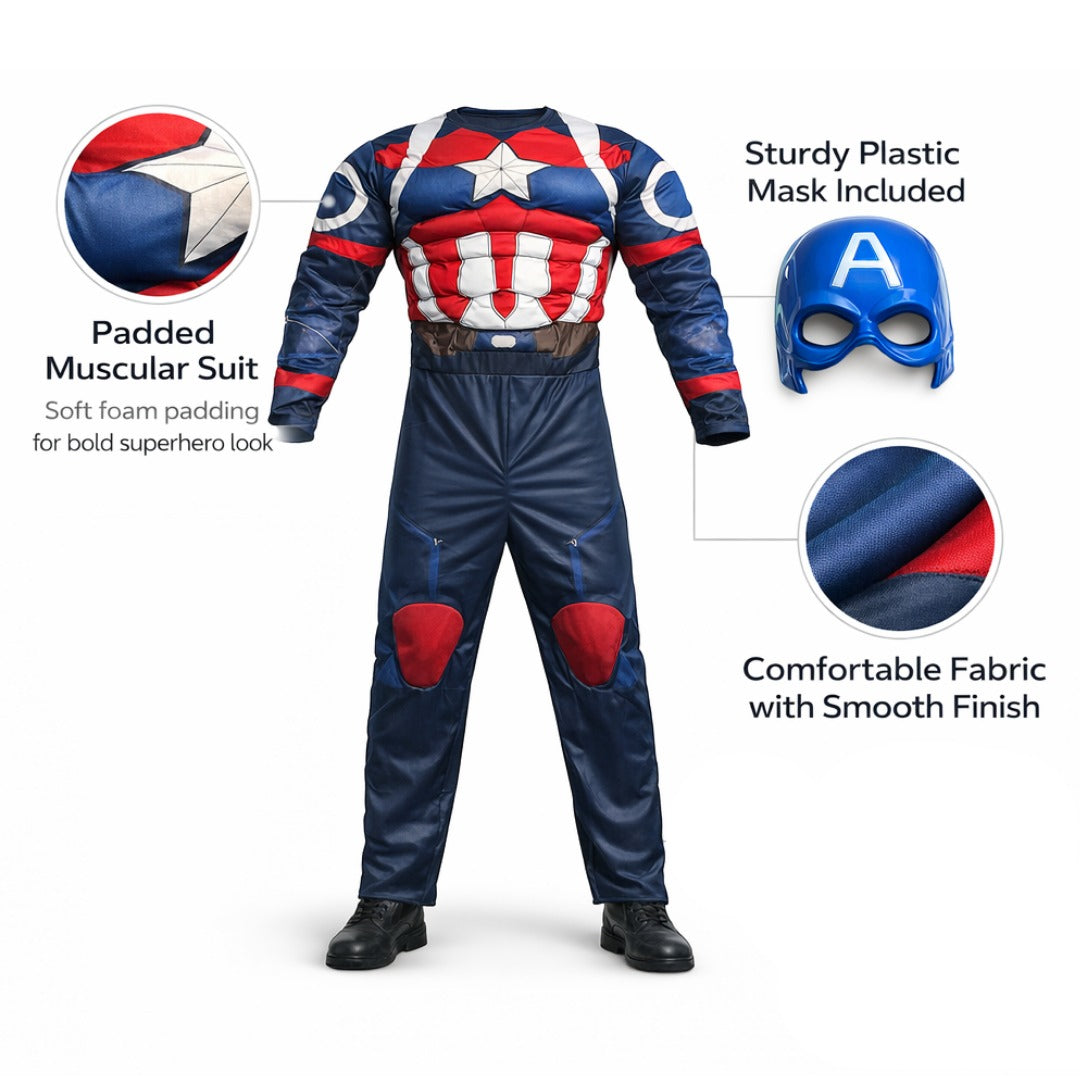 Muscular Captain America Costume with Jumpsuit and Mask for Adults - Size L