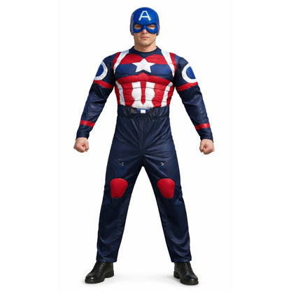 Muscular Captain America Costume with Jumpsuit and Mask for Adults - Size L