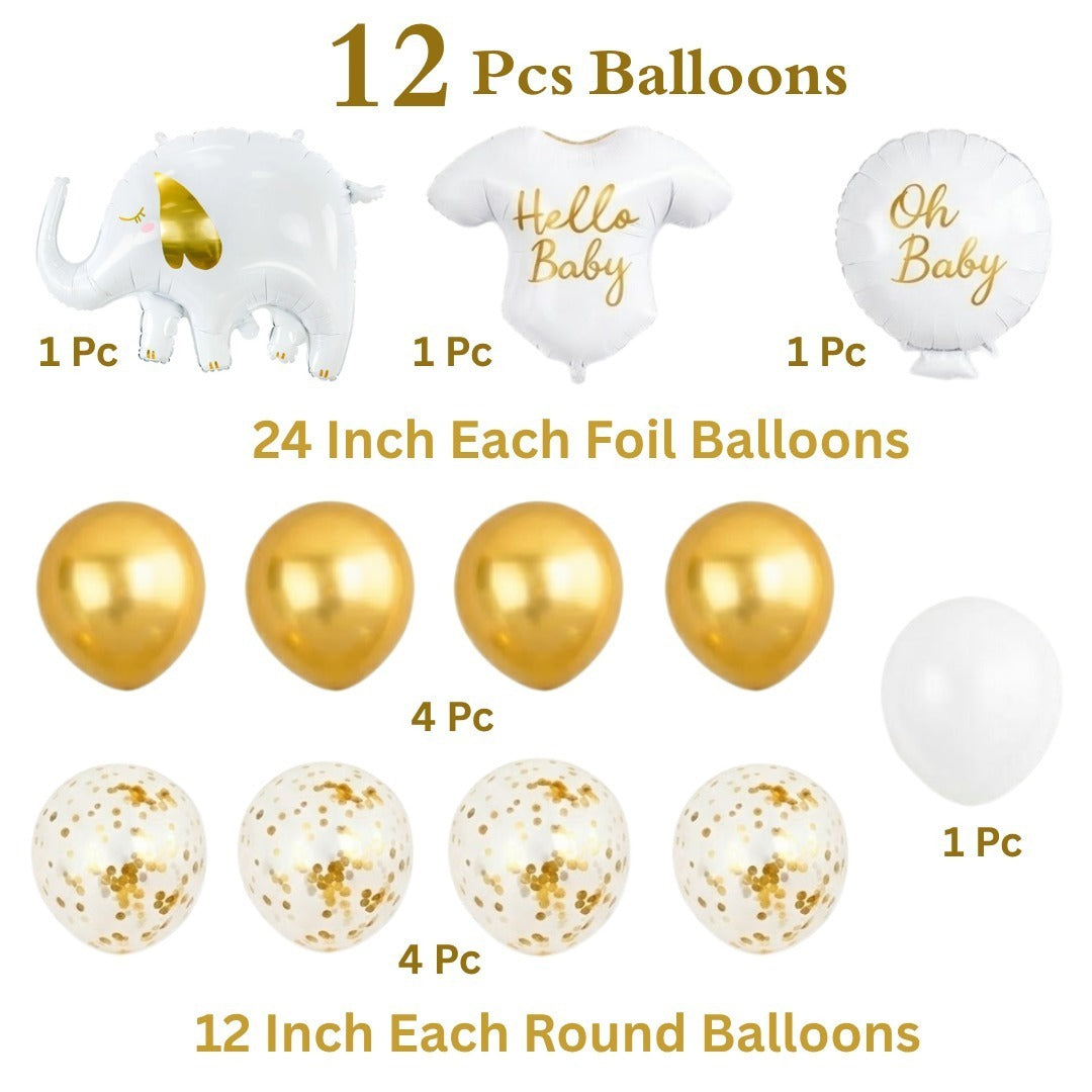 Hello Baby White Elephant Balloon Set Pack of 12 | Baby Shower Decoration Balloons | Neutral Gold & White Theme for Newborn Celebration