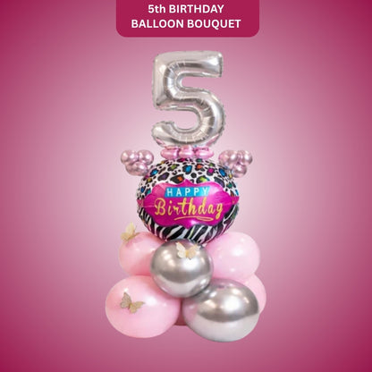 Designer Pink & Silver Balloon Bouquet Arrangement with 3D Butterflies for 5th Birthday