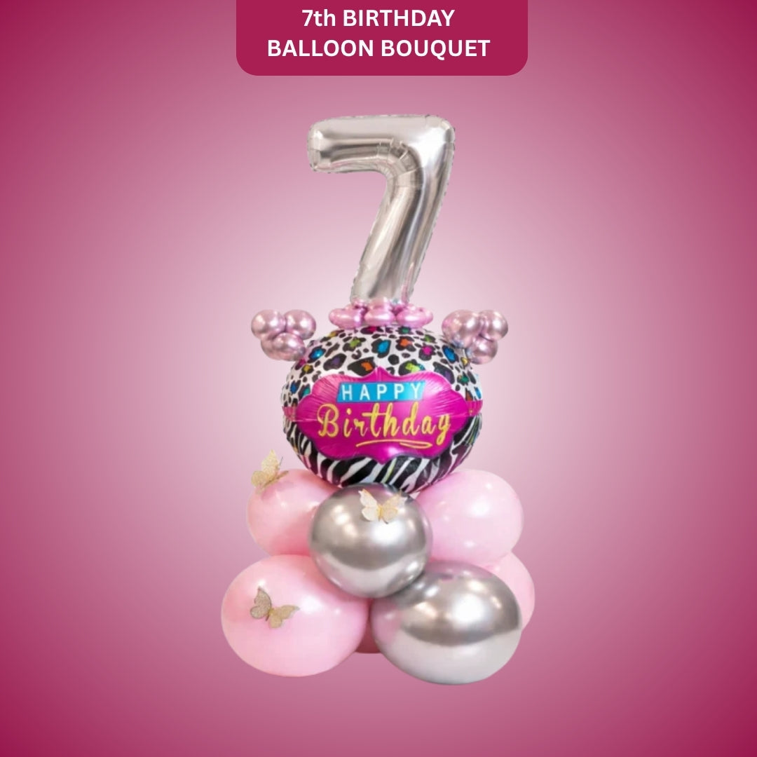 Designer Pink & Silver Balloon Bouquet Arrangement with 3D Butterflies for 7th Birthday