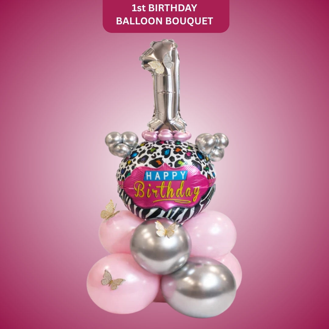 Designer Pink & Silver Balloon Bouquet Arrangement with 3D Butterflies for 1st Birthday