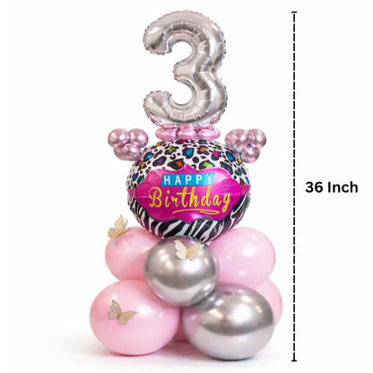 Designer Pink & Silver Balloon Bouquet Arrangement with 3D Butterflies for 3rd Birthday