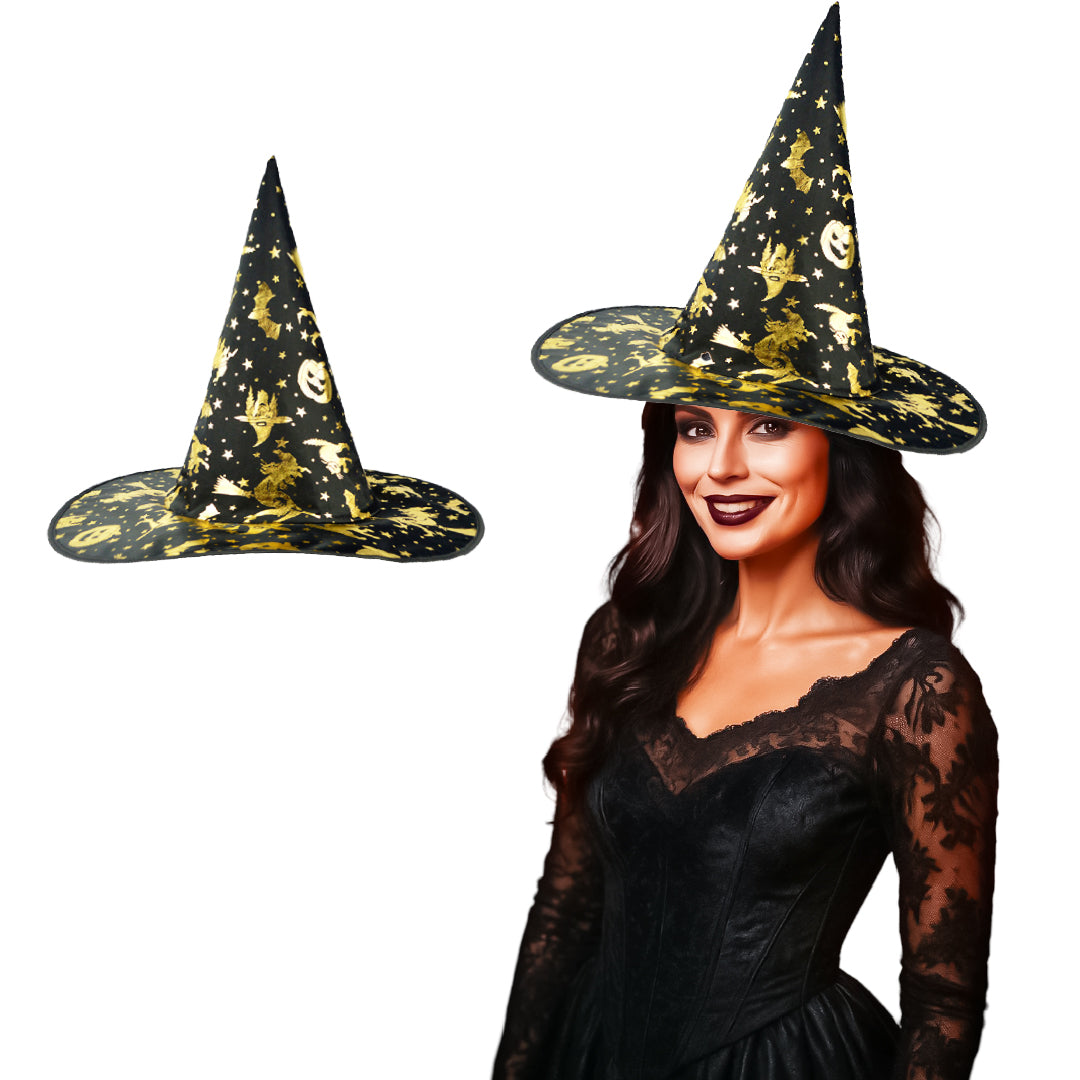 Witch Hat with Golden Pumpkin Bat Print for Halloween - 1PC