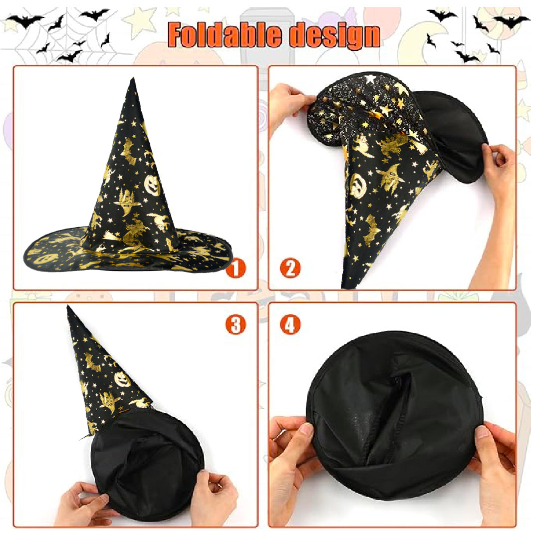 Witch Hat with Golden Pumpkin Bat Print for Halloween - 1PC