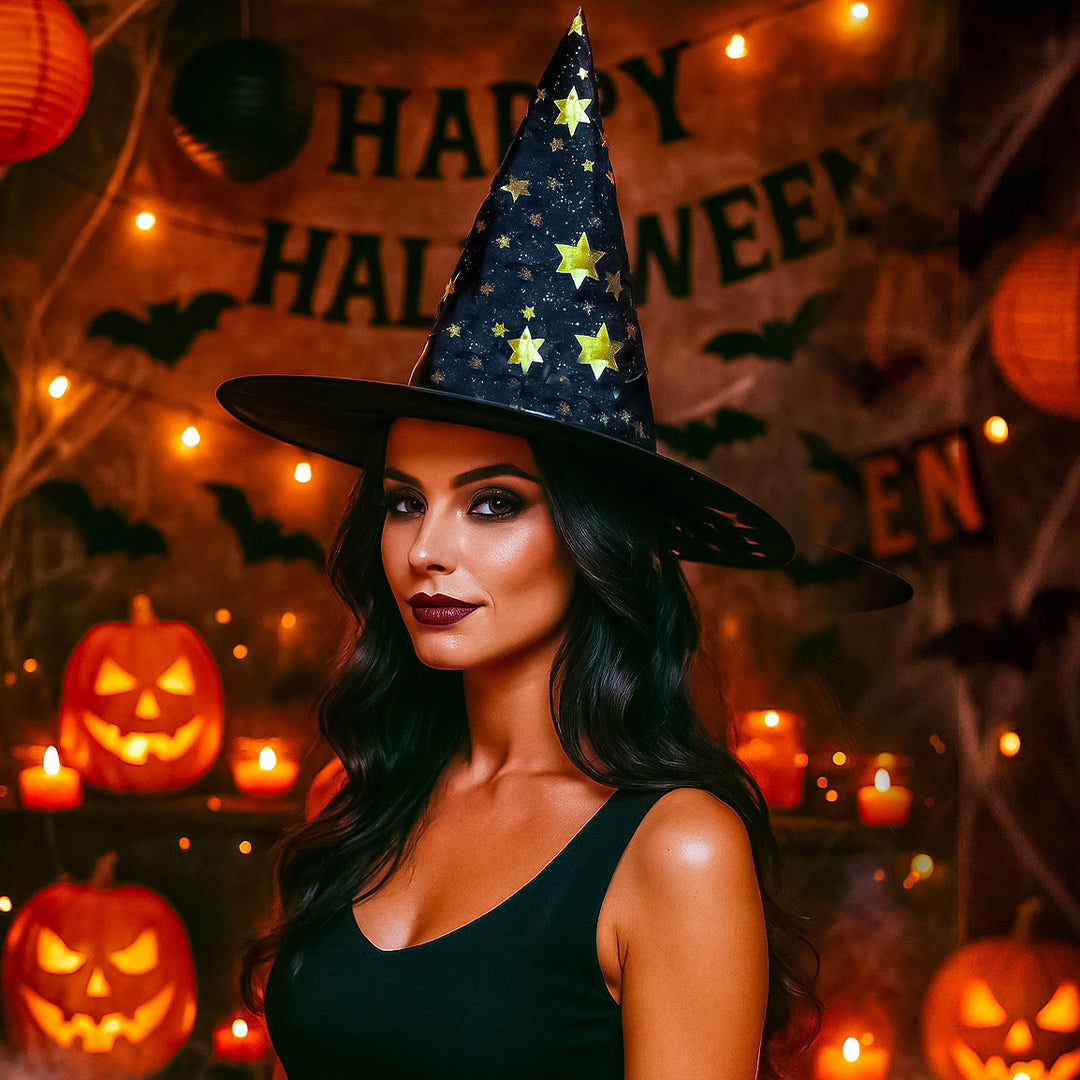 Witch Hat with Golden Star Print for Halloween - 1PC
