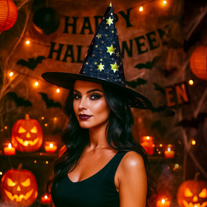 Witch Hat with Golden Star Print for Halloween - 1PC