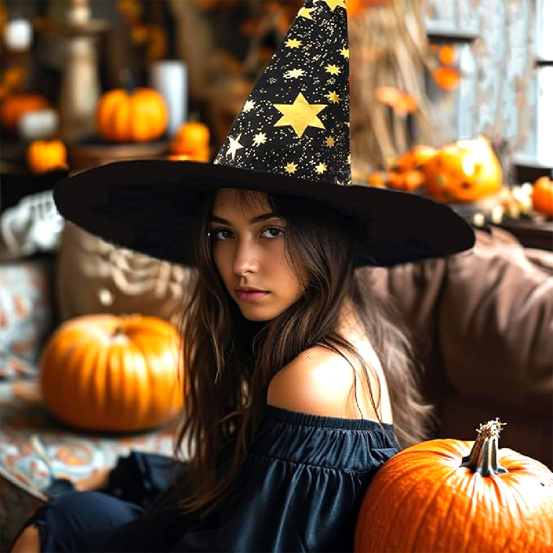 Witch Hat with Golden Star Print for Halloween - 1PC
