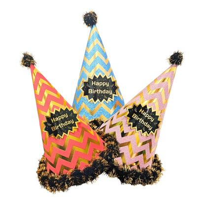Happy Birthday Multicolor Hats Combo with Chevron Print laced with Pom Pom - 3PC