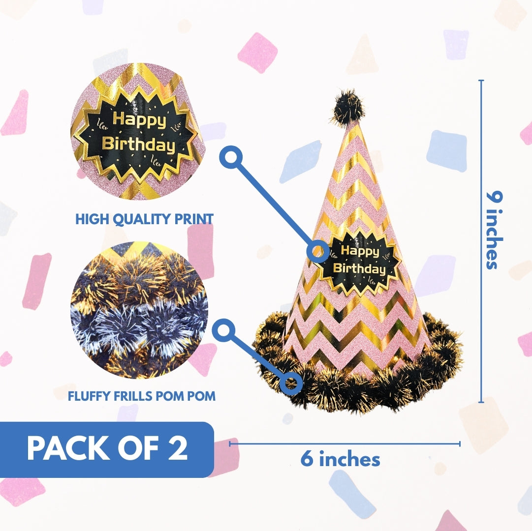 Happy Birthday Multicolor Hats Combo with Chevron Print laced with Pom Pom - 3PC