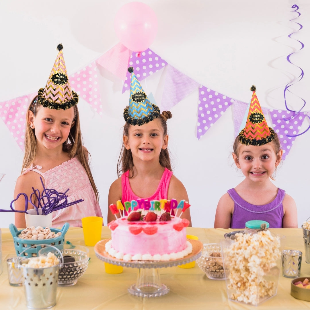 Happy Birthday Multicolor Hats Combo with Chevron Print laced with Pom Pom - 3PC