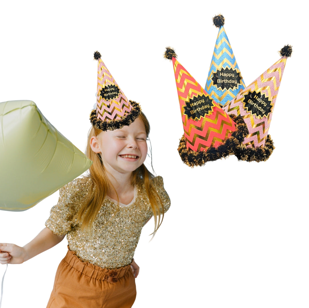 Happy Birthday Multicolor Hats Combo with Chevron Print laced with Pom Pom - 3PC