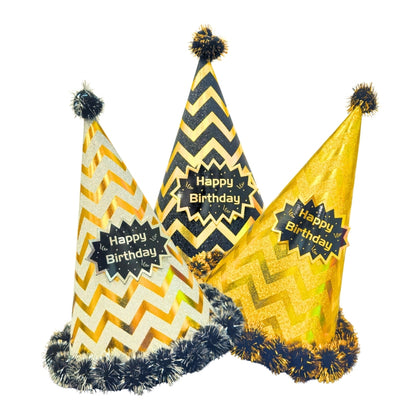 Happy Birthday Party Hats w/ Zig Zag Print & Pom Pom - 3PC
